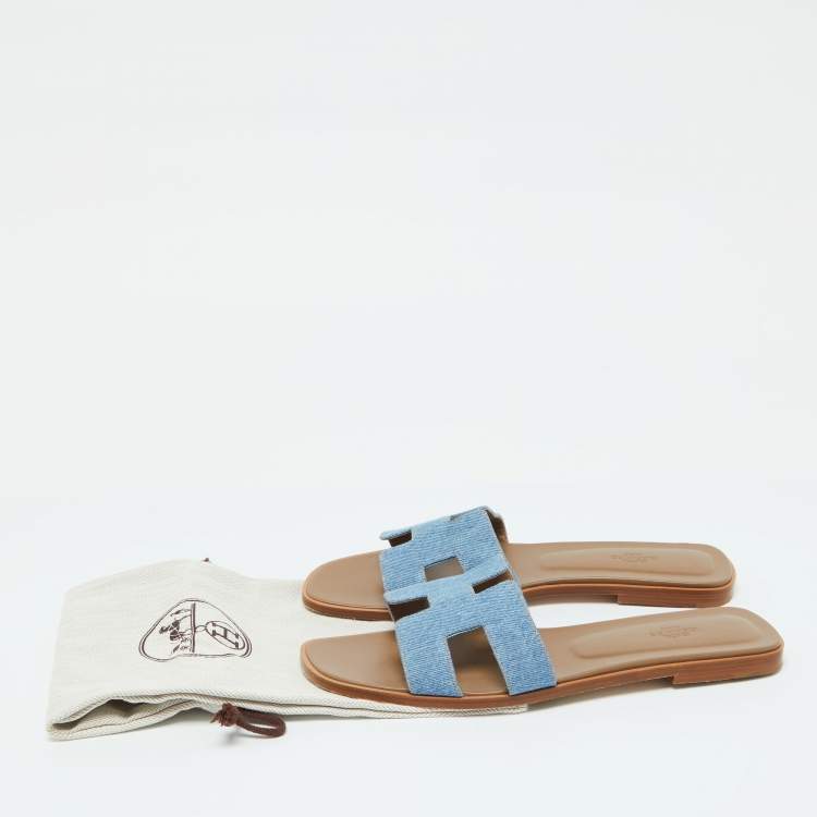 Pre Owned Hermes Blue Denim Oran Flat Slides Size 41.5