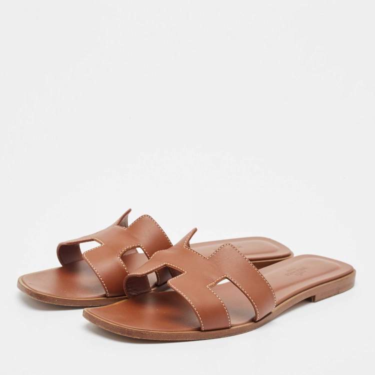 Pre Owned Hermes Brown Leather Oran Flat Slides Size 41.5