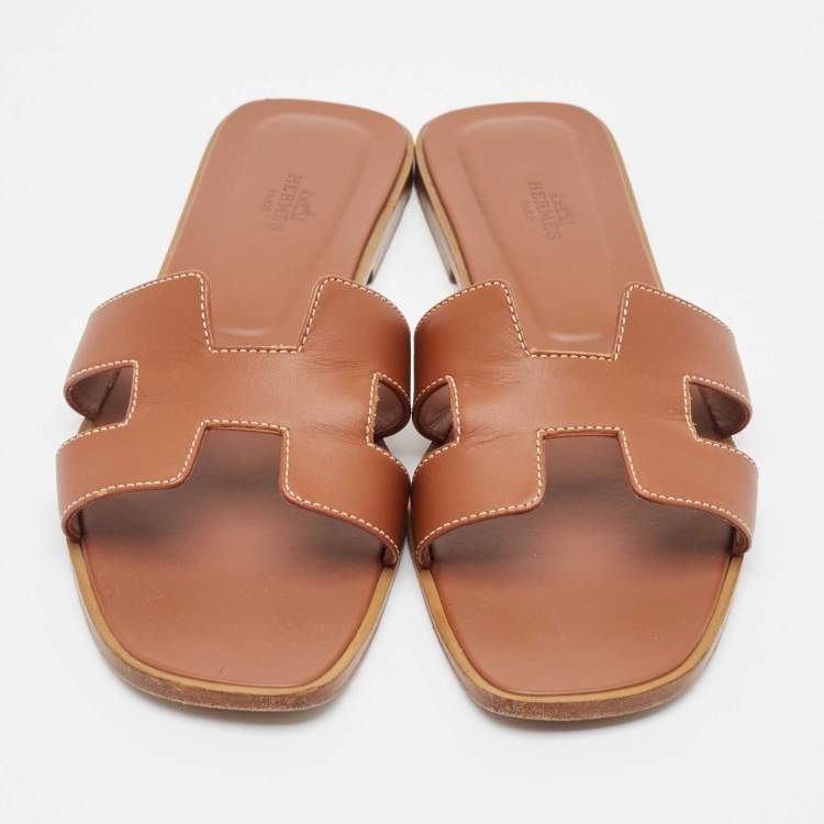 Pre Owned Hermes Brown Leather Oran Flat Slides Size 41.5