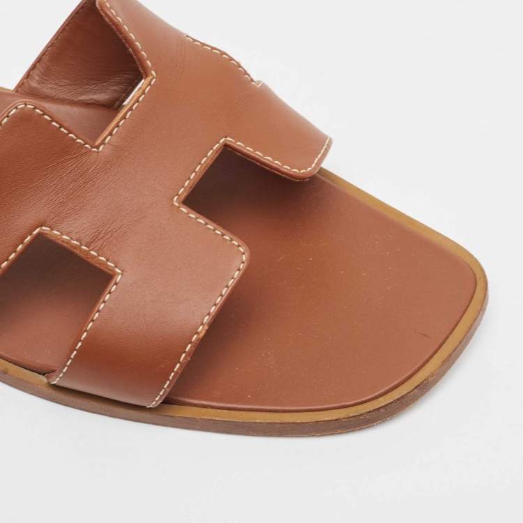 Pre Owned Hermes Brown Leather Oran Flat Slides Size 41.5