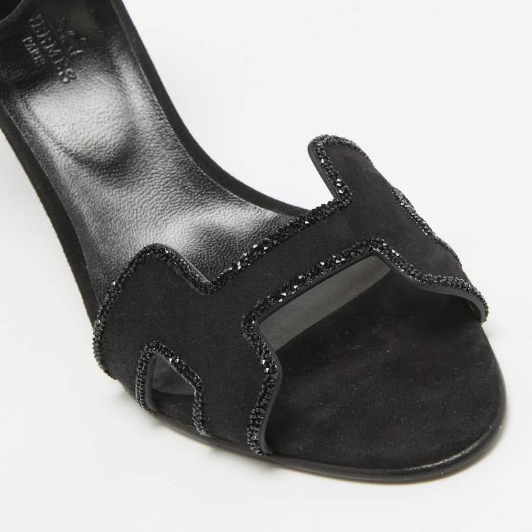 Pre Owned Hermes Black Suede Crystal Embellished Premiere Sandals Size 39