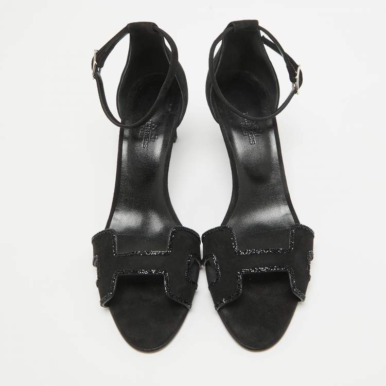 Pre Owned Hermes Black Suede Crystal Embellished Premiere Sandals Size 39