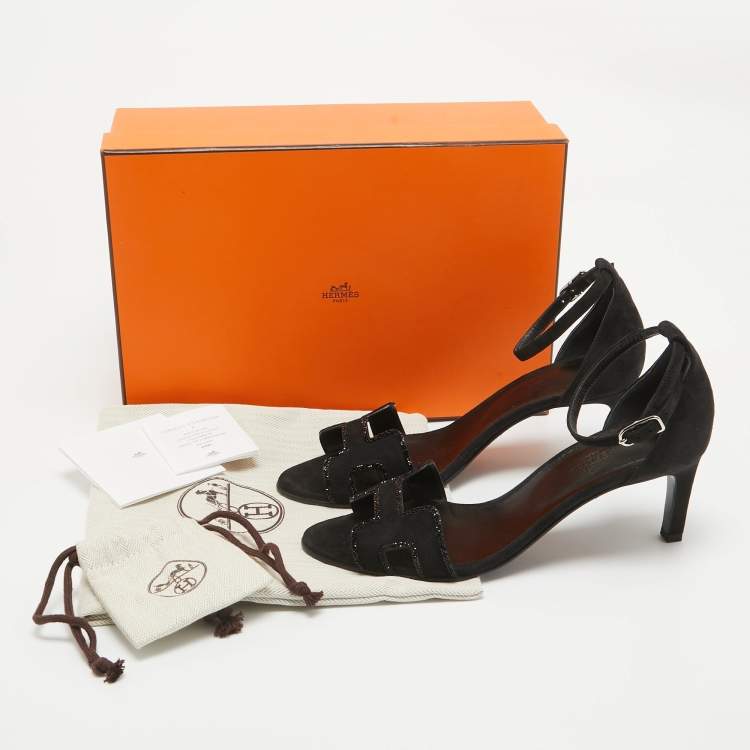 Pre Owned Hermes Black Suede Crystal Embellished Premiere Sandals Size 39