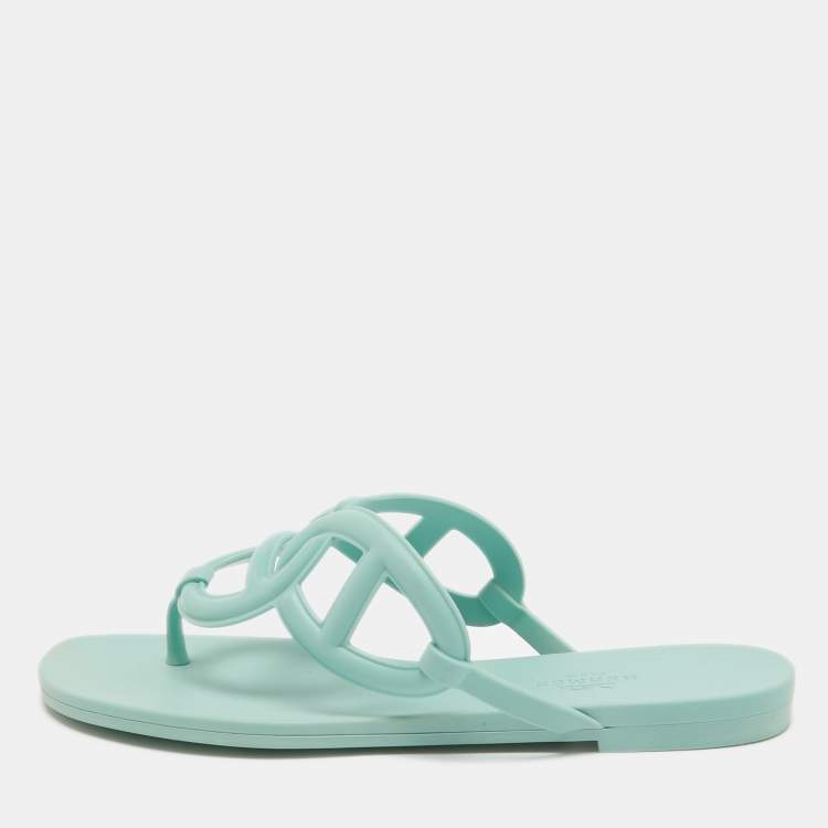 Pre Owned Hermes Mint Green Rubber Egerie Thong Flats Size 36