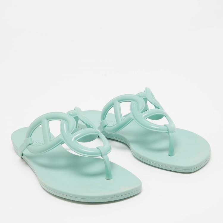 Pre Owned Hermes Mint Green Rubber Egerie Thong Flats Size 36