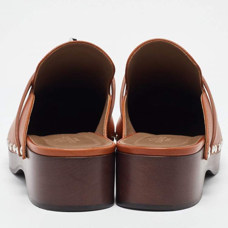 Pre Owned Hermes Brown Leather Carlotta Clogs Size 38