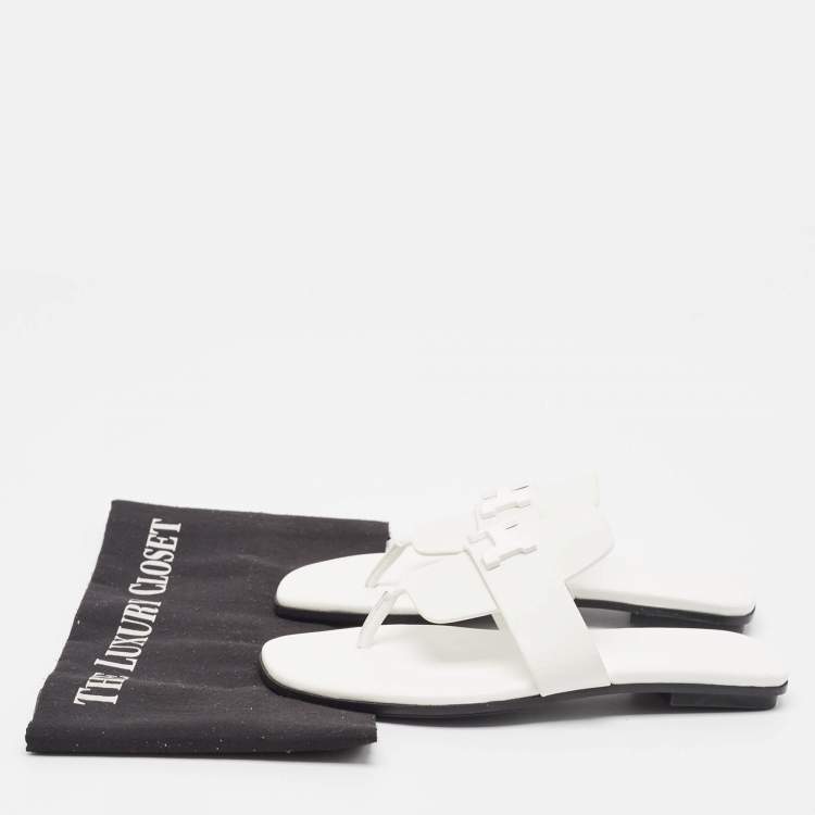 Pre Owned Hermes White Leather Galerie Thong Flats Size 37