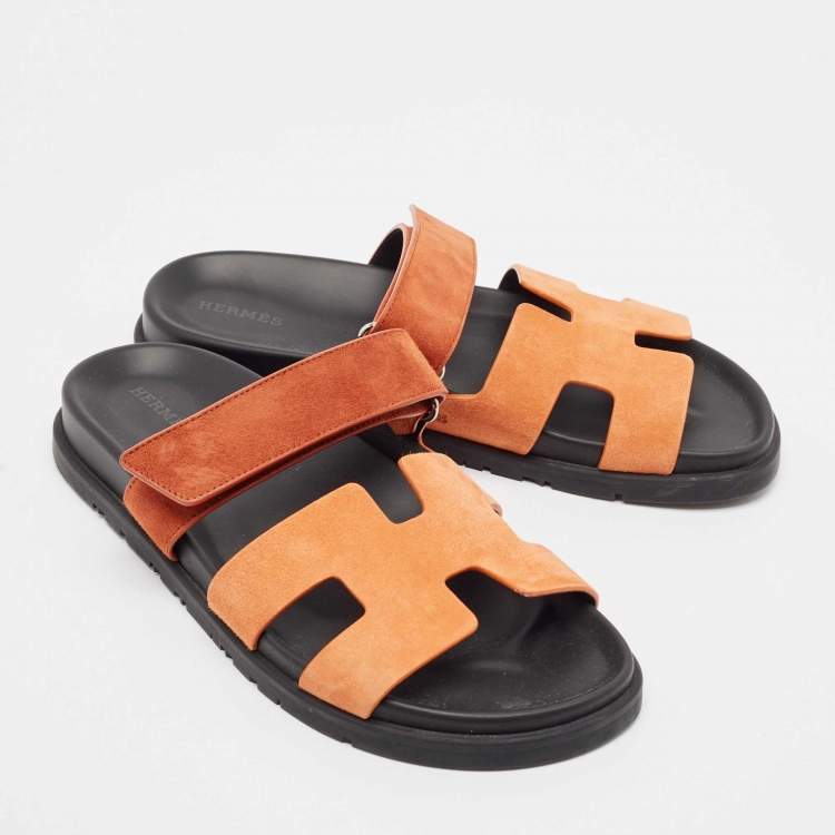 Pre Owned Hermes Orange Suede Chypre Slides Size 39