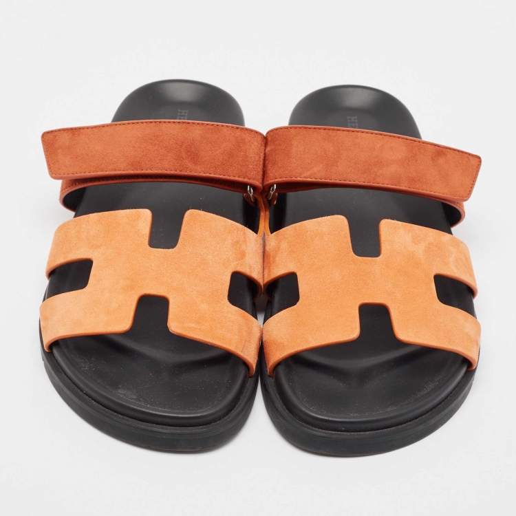 Pre Owned Hermes Orange Suede Chypre Slides Size 39
