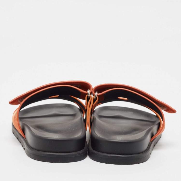 Pre Owned Hermes Orange Suede Chypre Slides Size 39
