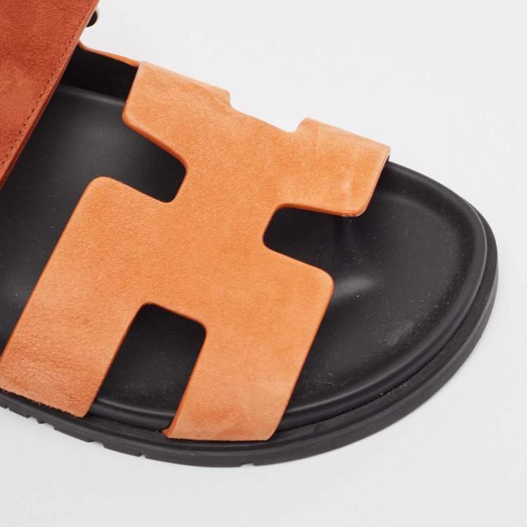 Pre Owned Hermes Orange Suede Chypre Slides Size 39