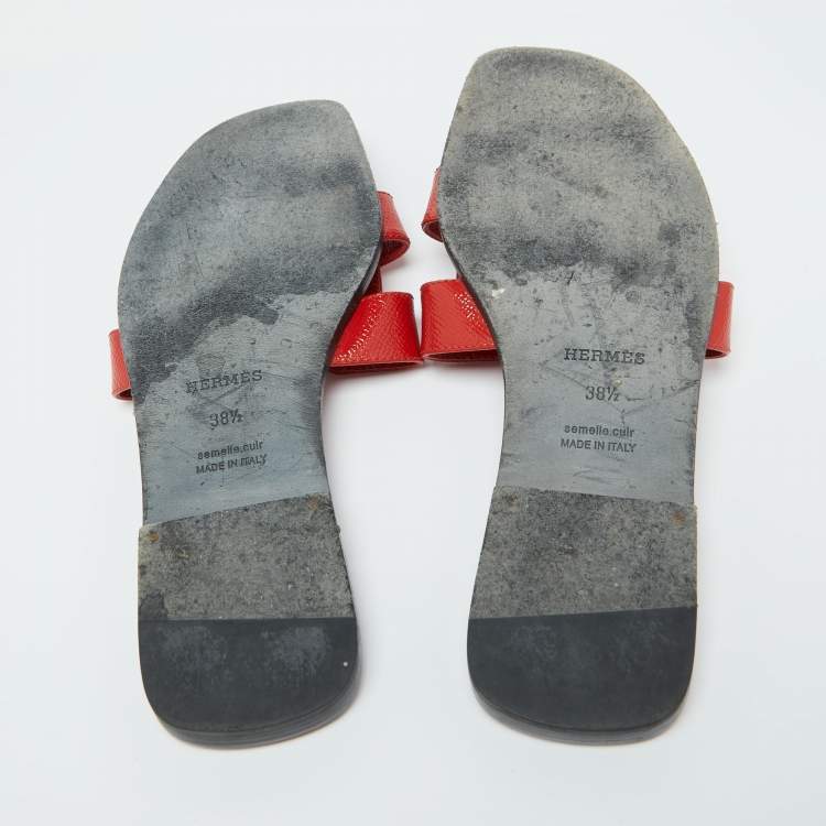 Pre Owned Hermes Red Patent Leather Oran Flat Sandals Size 38.5