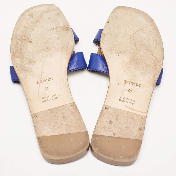 Pre Owned Hermes Blue Leather Oran Flat Slides Size 41