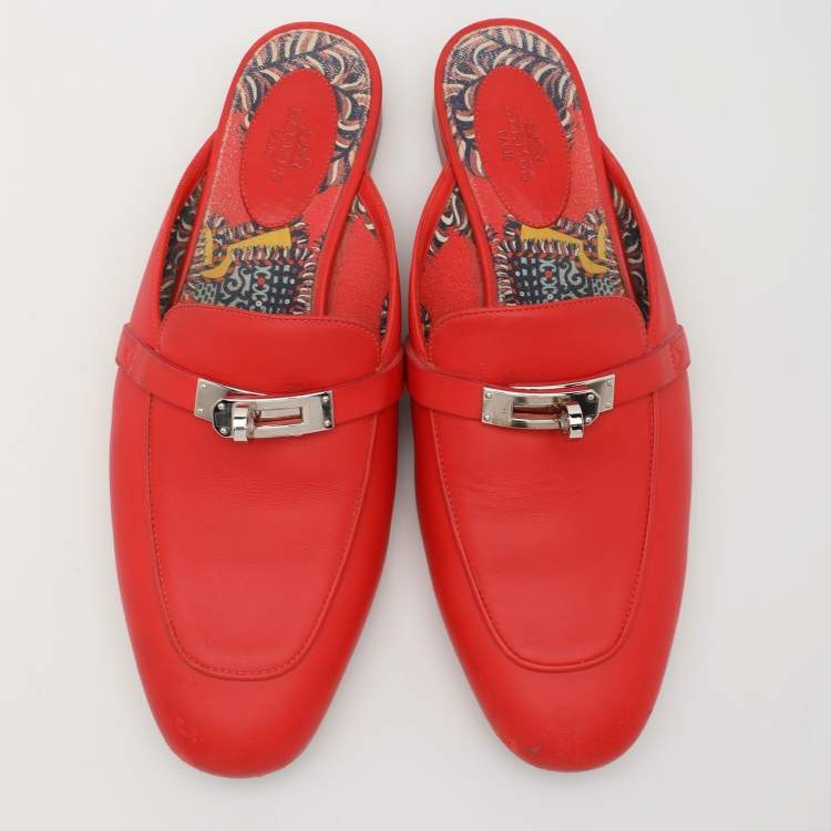 Pre Owned Hermes Red Leather Oz Mules Size 38.5
