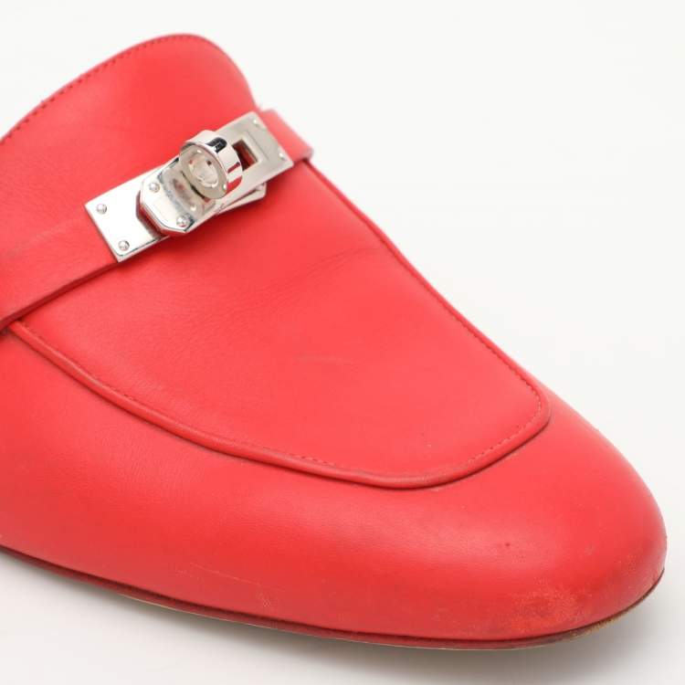 Pre Owned Hermes Red Leather Oz Mules Size 38.5