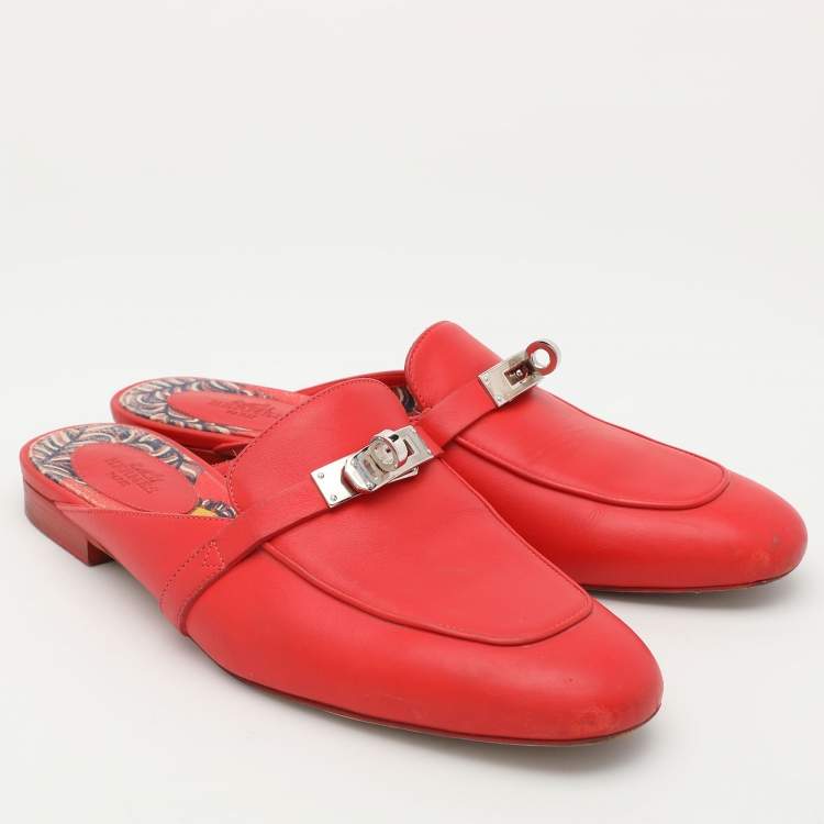 Pre Owned Hermes Red Leather Oz Mules Size 38.5