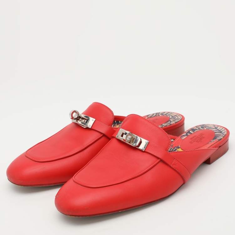 Pre Owned Hermes Red Leather Oz Mules Size 38.5