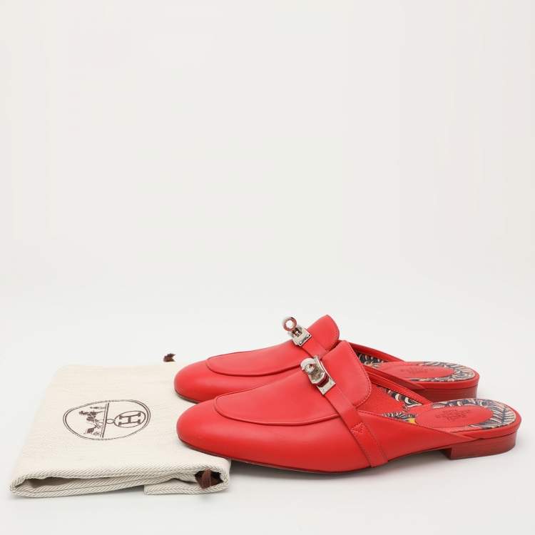 Pre Owned Hermes Red Leather Oz Mules Size 38.5