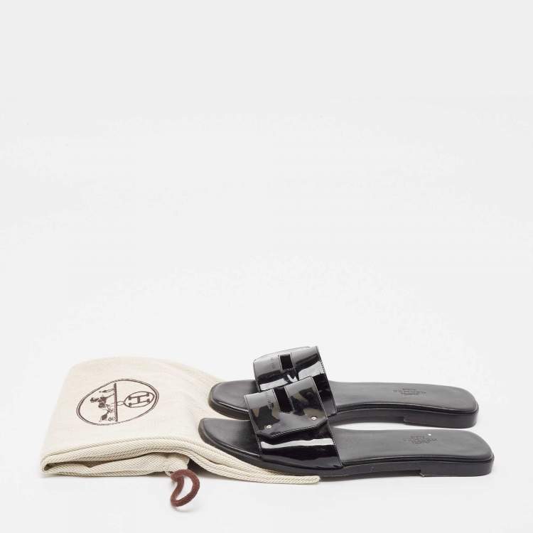 Pre Owned Hermes Black Patent Leather View Flat Slides Size 37
