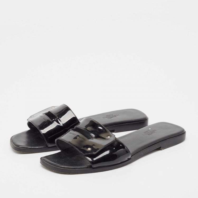 Pre Owned Hermes Black Patent Leather View Flat Slides Size 37
