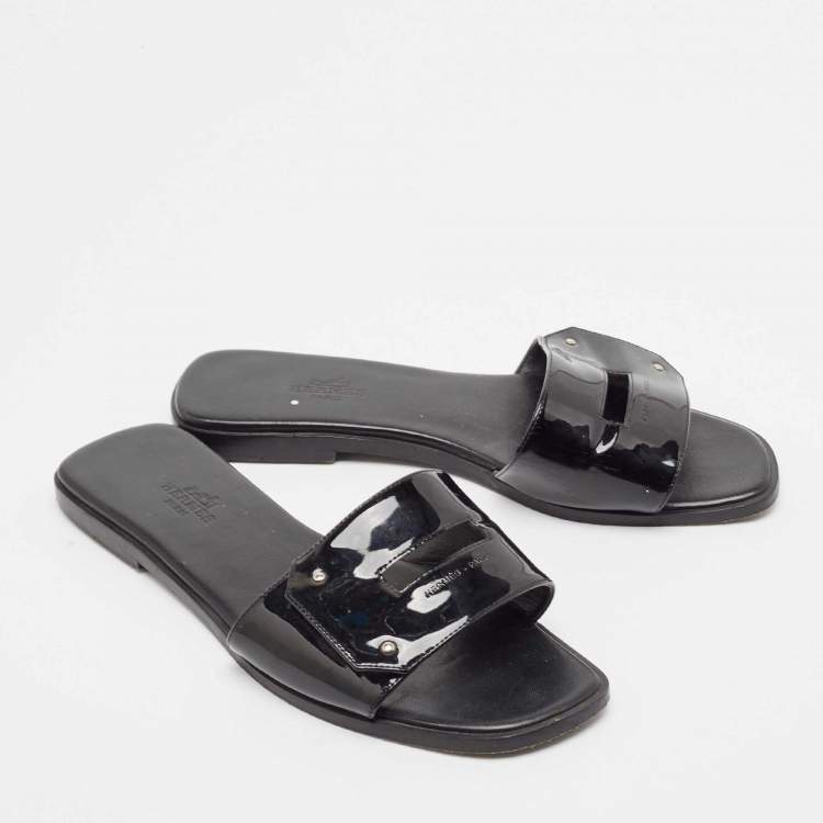 Pre Owned Hermes Black Patent Leather View Flat Slides Size 37
