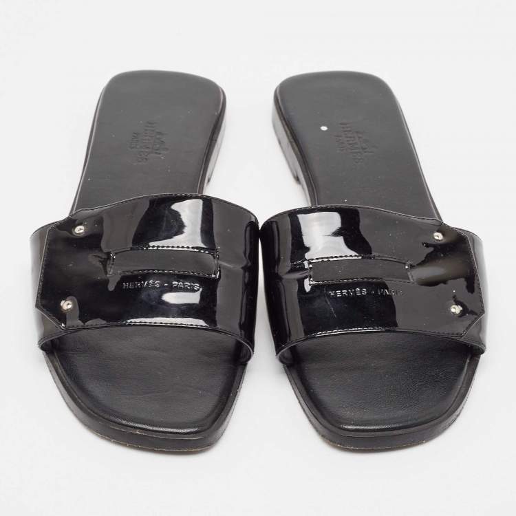 Pre Owned Hermes Black Patent Leather View Flat Slides Size 37