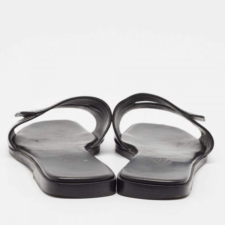 Pre Owned Hermes Black Patent Leather View Flat Slides Size 37