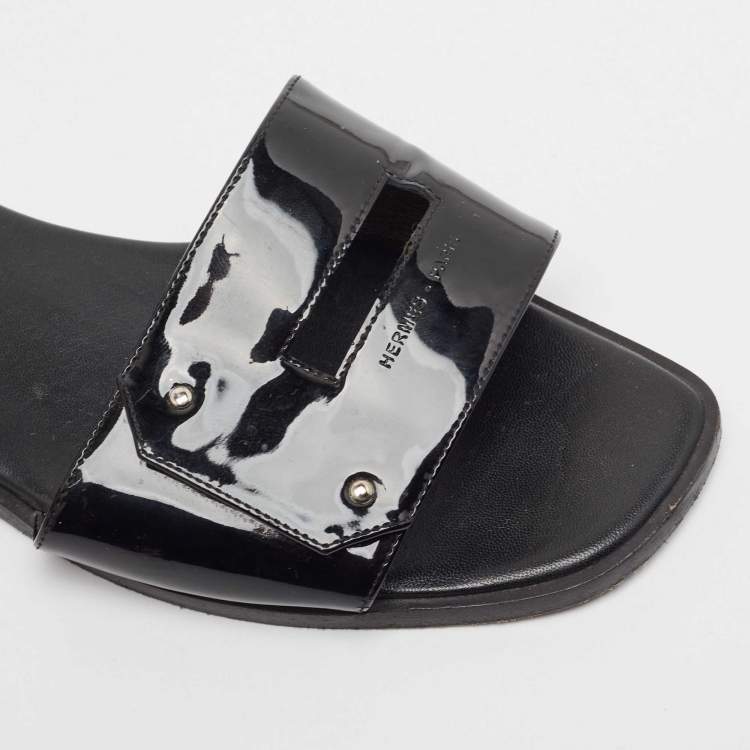 Pre Owned Hermes Black Patent Leather View Flat Slides Size 37