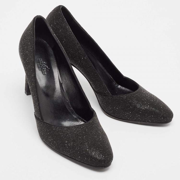 Pre Owned Hermes Black Crystal Round Toe Pumps Size 39.5