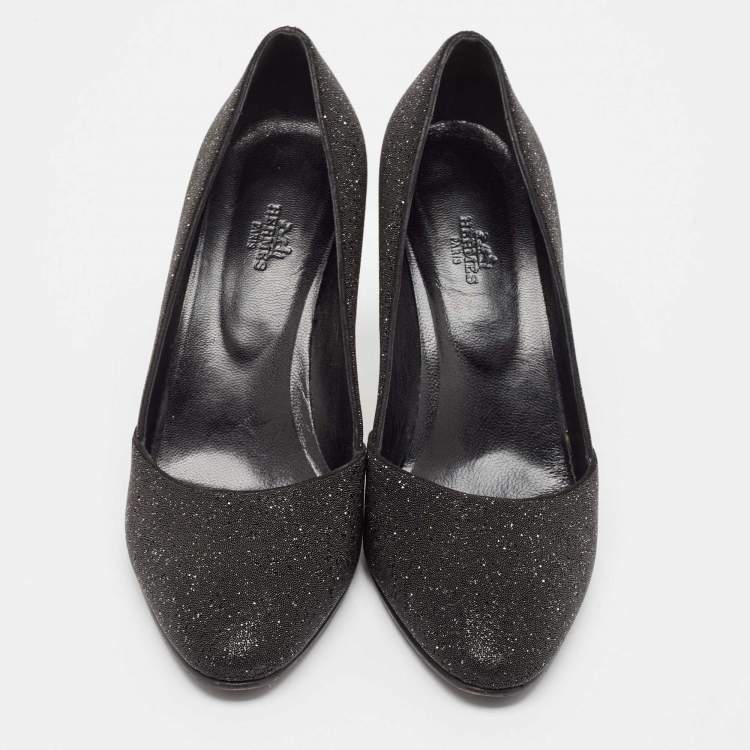 Pre Owned Hermes Black Crystal Round Toe Pumps Size 39.5