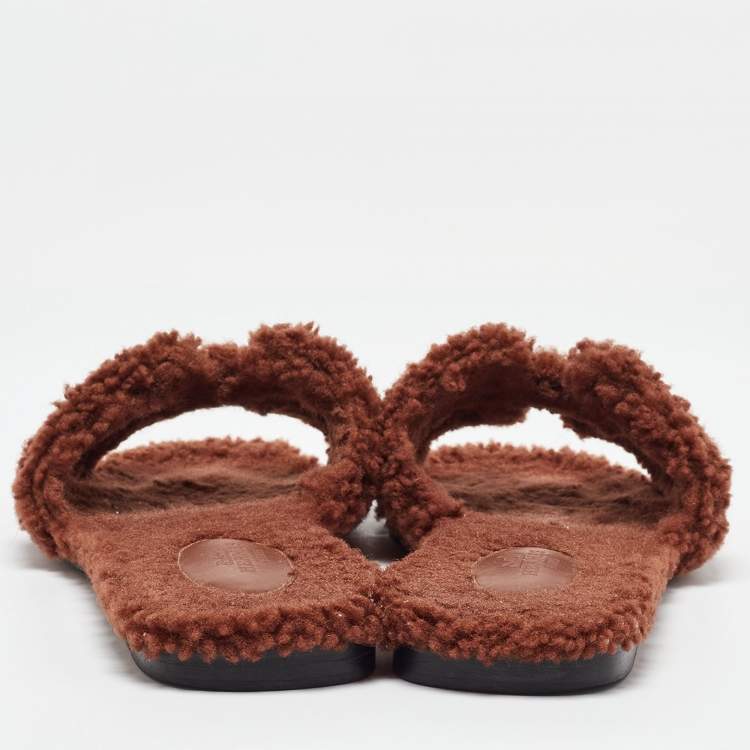 Pre Owned Hermès Brown Shearling Fur Oran Flat Slides Size 39.5
