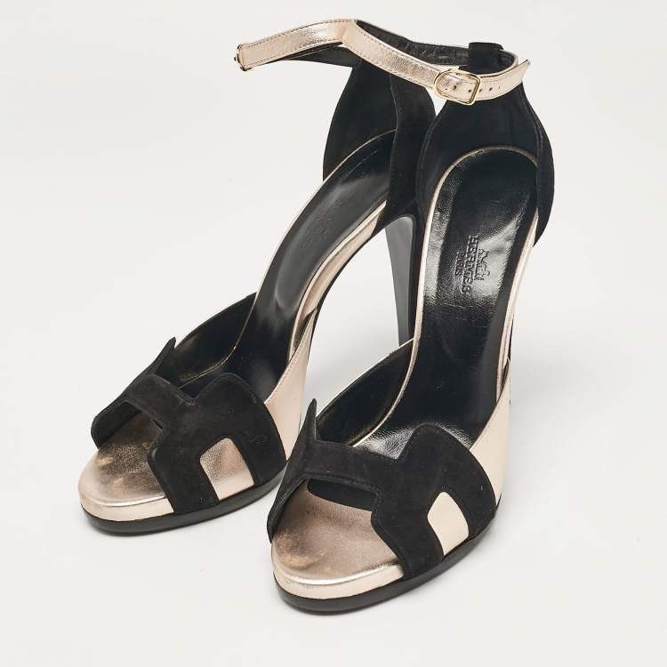 Pre Owned Hermes Black Leather and Suede Premiere 70 Ankle Strap Sandals Size 40.5