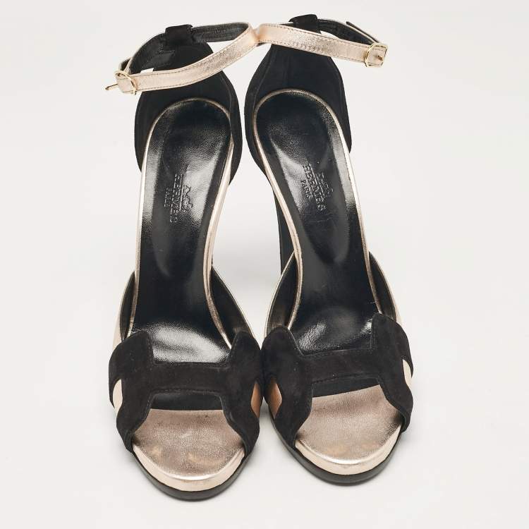 Pre Owned Hermes Black Leather and Suede Premiere 70 Ankle Strap Sandals Size 40.5