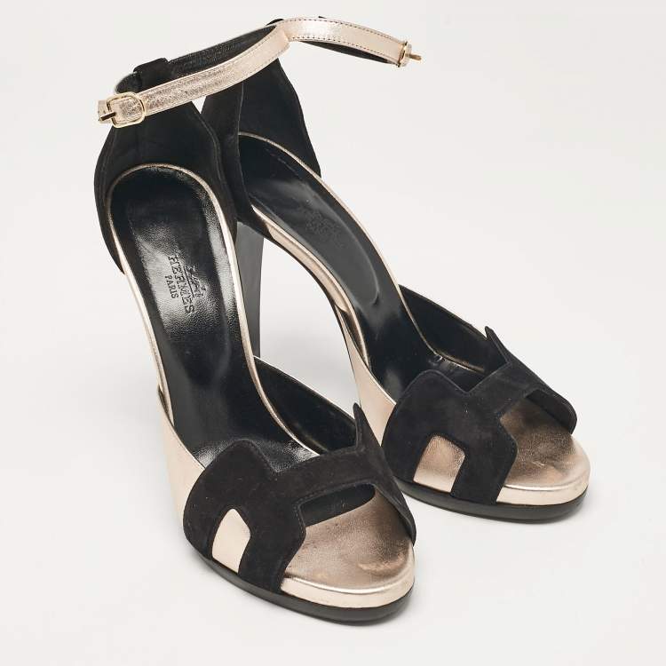 Pre Owned Hermes Black Leather and Suede Premiere 70 Ankle Strap Sandals Size 40.5