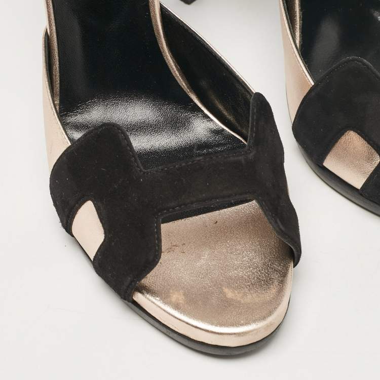 Pre Owned Hermes Black Leather and Suede Premiere 70 Ankle Strap Sandals Size 40.5