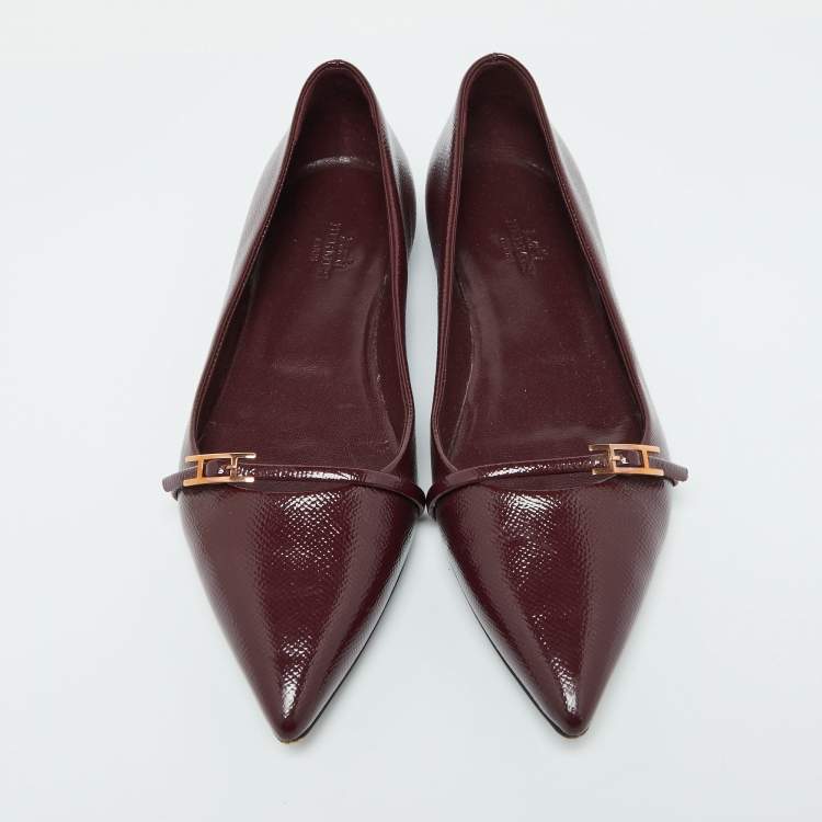 Pre Owned Hermes Burgundy Patent Leather Laura Ballet Flats Size 38