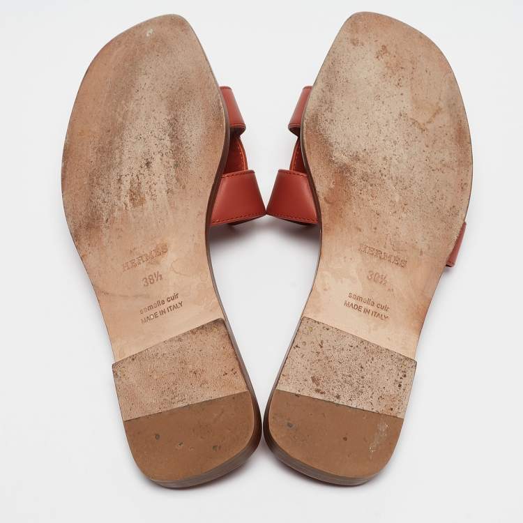 Pre Owned Hermes Brown Leather Oran Flat Slides Size 38.5