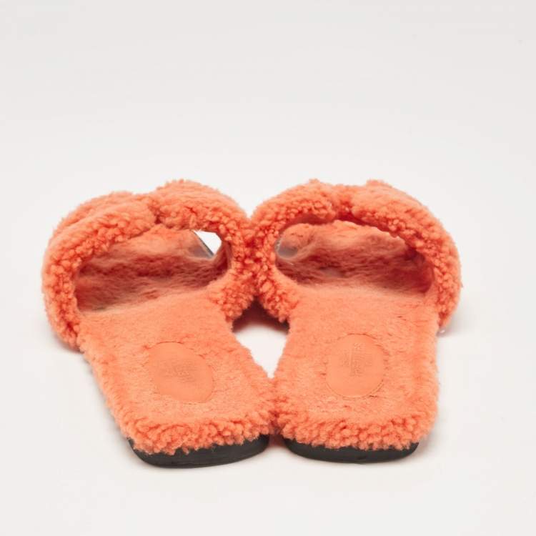 Pre Owned Hermes Orange Shearling Fur Oran Flat Slides Size 37