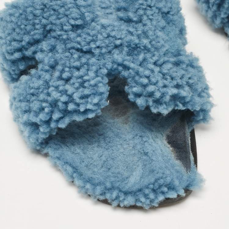 Pre Owned Hermes Blue Shearling Fur Oran Flat Slides Size 37