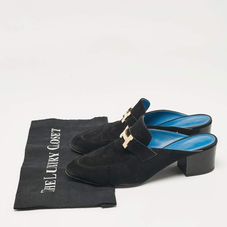 Pre Owned Hermes Black Suede Paradis Mules Size 39.5
