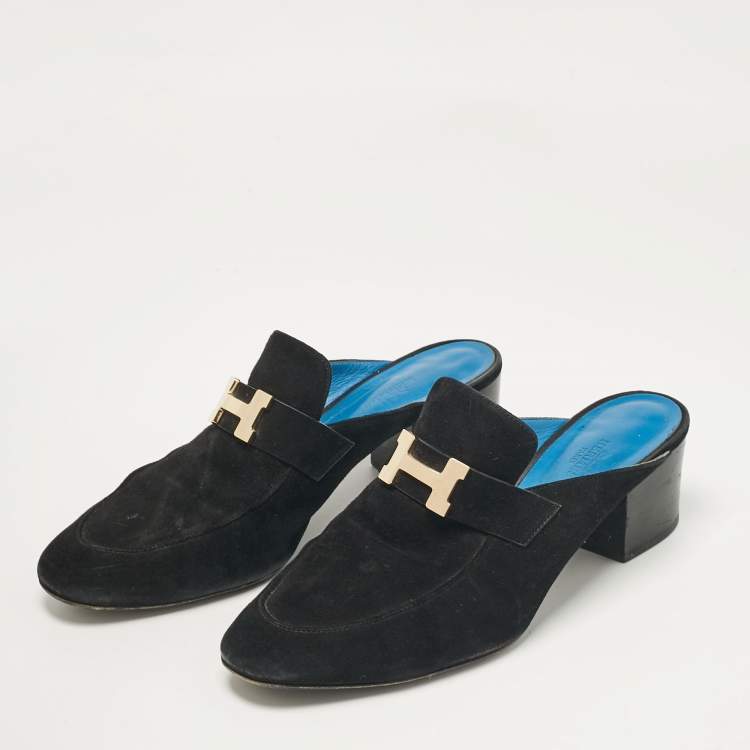 Pre Owned Hermes Black Suede Paradis Mules Size 39.5
