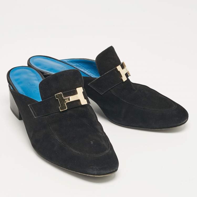 Pre Owned Hermes Black Suede Paradis Mules Size 39.5