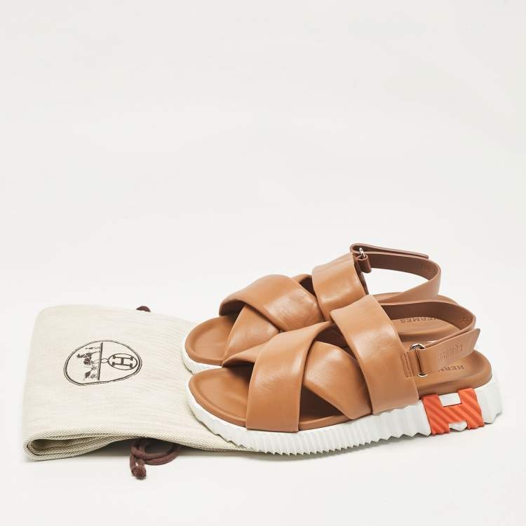مملوكة مسبقًا Hermes Brown Leather Electric Ankle Strap Sandals Size 38.5