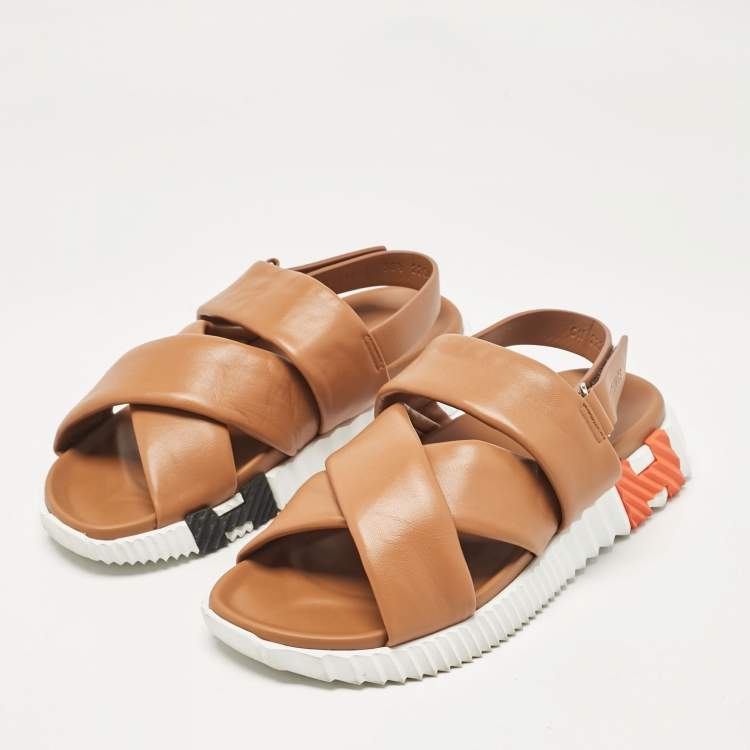 مملوكة مسبقًا Hermes Brown Leather Electric Ankle Strap Sandals Size 38.5