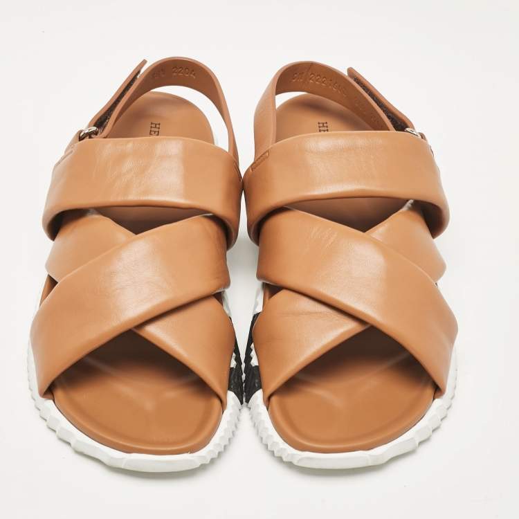 مملوكة مسبقًا Hermes Brown Leather Electric Ankle Strap Sandals Size 38.5