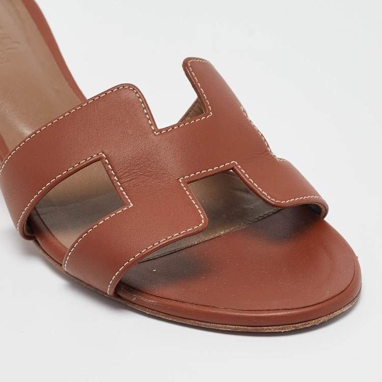 Pre Owned Hermes Brown Leather Oasis Slide Sandals Size 38