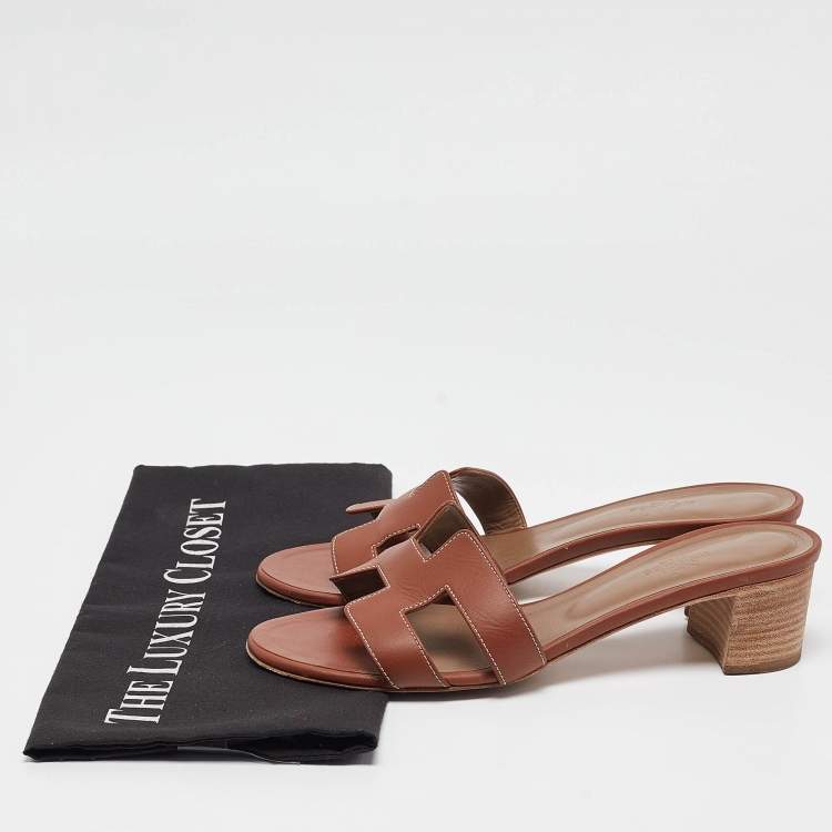 Pre Owned Hermes Brown Leather Oasis Slide Sandals Size 38