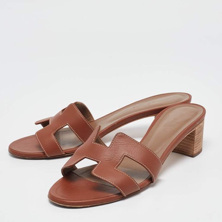 Pre Owned Hermes Brown Leather Oasis Slide Sandals Size 38