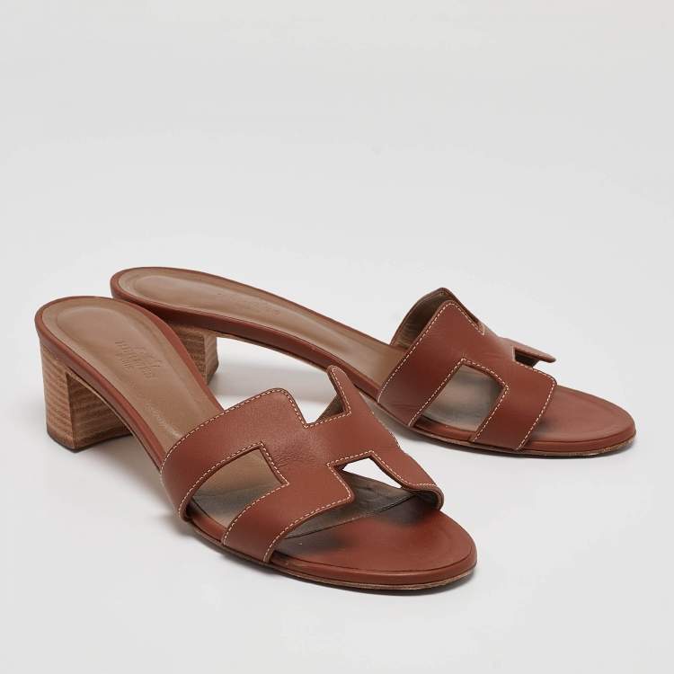 Pre Owned Hermes Brown Leather Oasis Slide Sandals Size 38