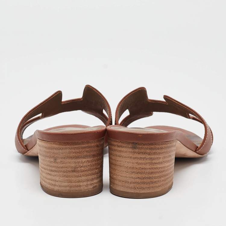Pre Owned Hermes Brown Leather Oasis Slide Sandals Size 38